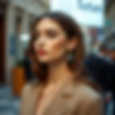 Close-up of a model wearing long stone earrings in a sophisticated outfit