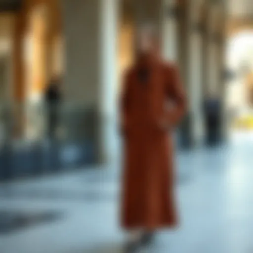 Elegant long modest coat showcasing contemporary fashion trends