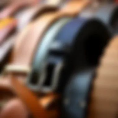 Variety of different belts displayed with fabric textures