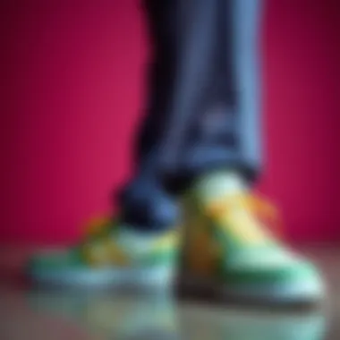 A close-up of a vibrant color combination of suit and sneakers