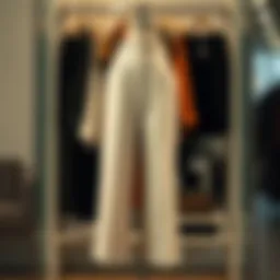 A stylish pair of wide-leg trousers showcased on a mannequin.