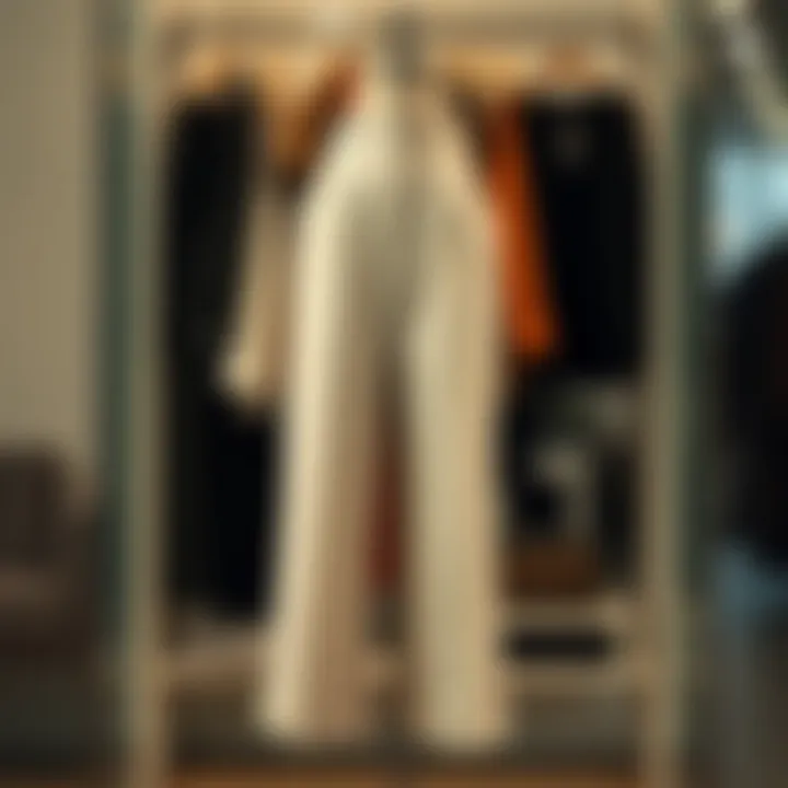 A stylish pair of wide-leg trousers showcased on a mannequin.