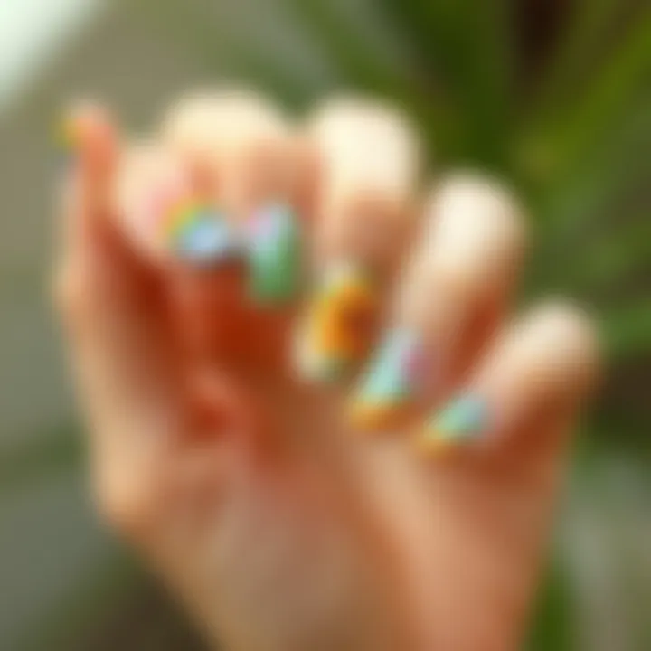 Creative summer-themed nail art design featuring vibrant colors