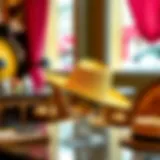 A bright yellow hat displayed on a stylish table