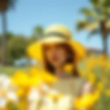 A vibrant outdoor scene featuring a person wearing a yellow hat