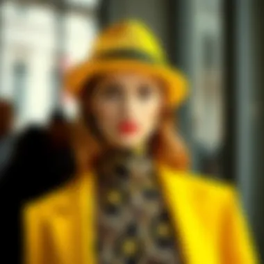 An elegant outfit complemented by a yellow hat